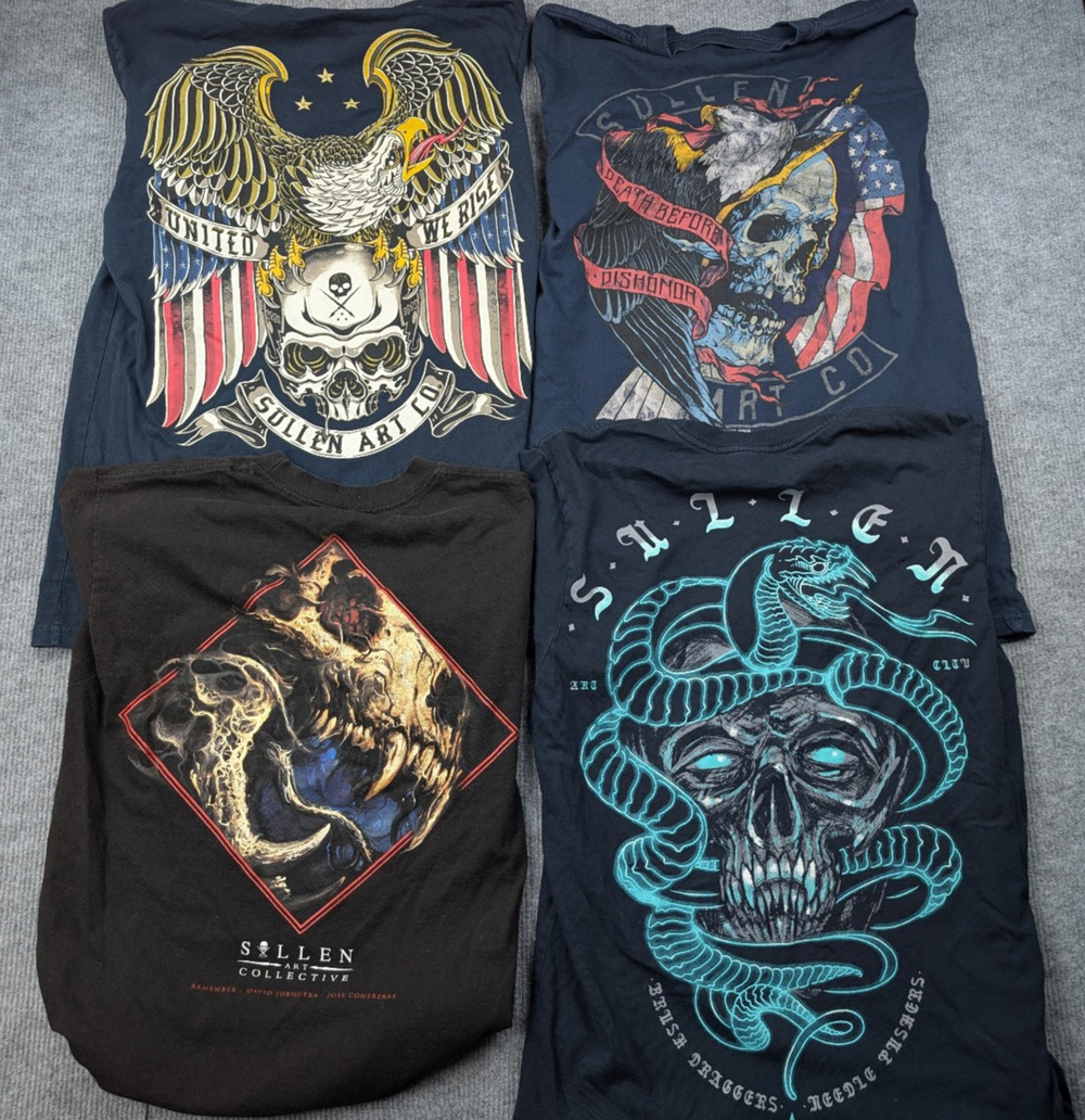 Sullen Shirts Mens Medium 4 Tees Tattoo Art Skull Americana Patriot Premium Trad